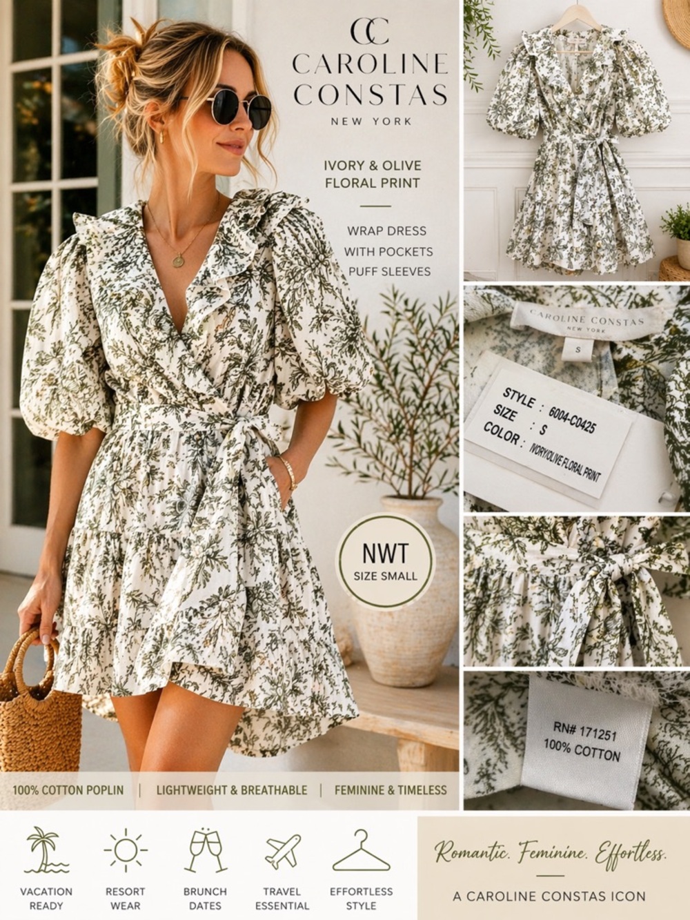 Caroline Constas Ivory Olive Floral Wrap Mini Dress Puff Sleeve Cotton NWT